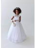 Beaded White Lace Tulle V Back Flower Girl Dress